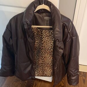Sans Souci Chocolate Puffer Jacket with Animal Print Lining.